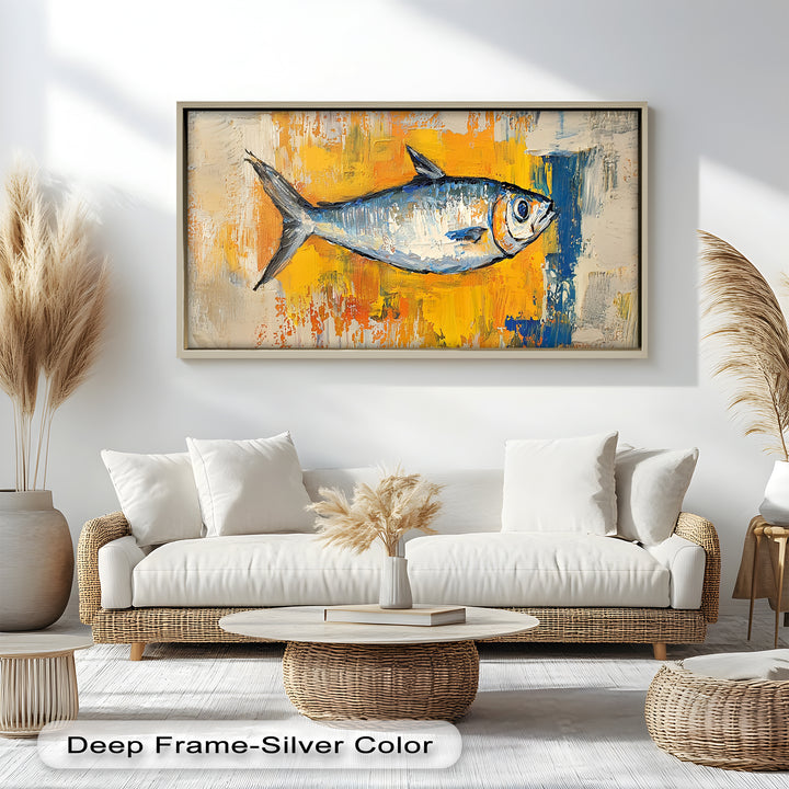 Blue Fish on Vibrant Yellow Background - Animal Oil Painting