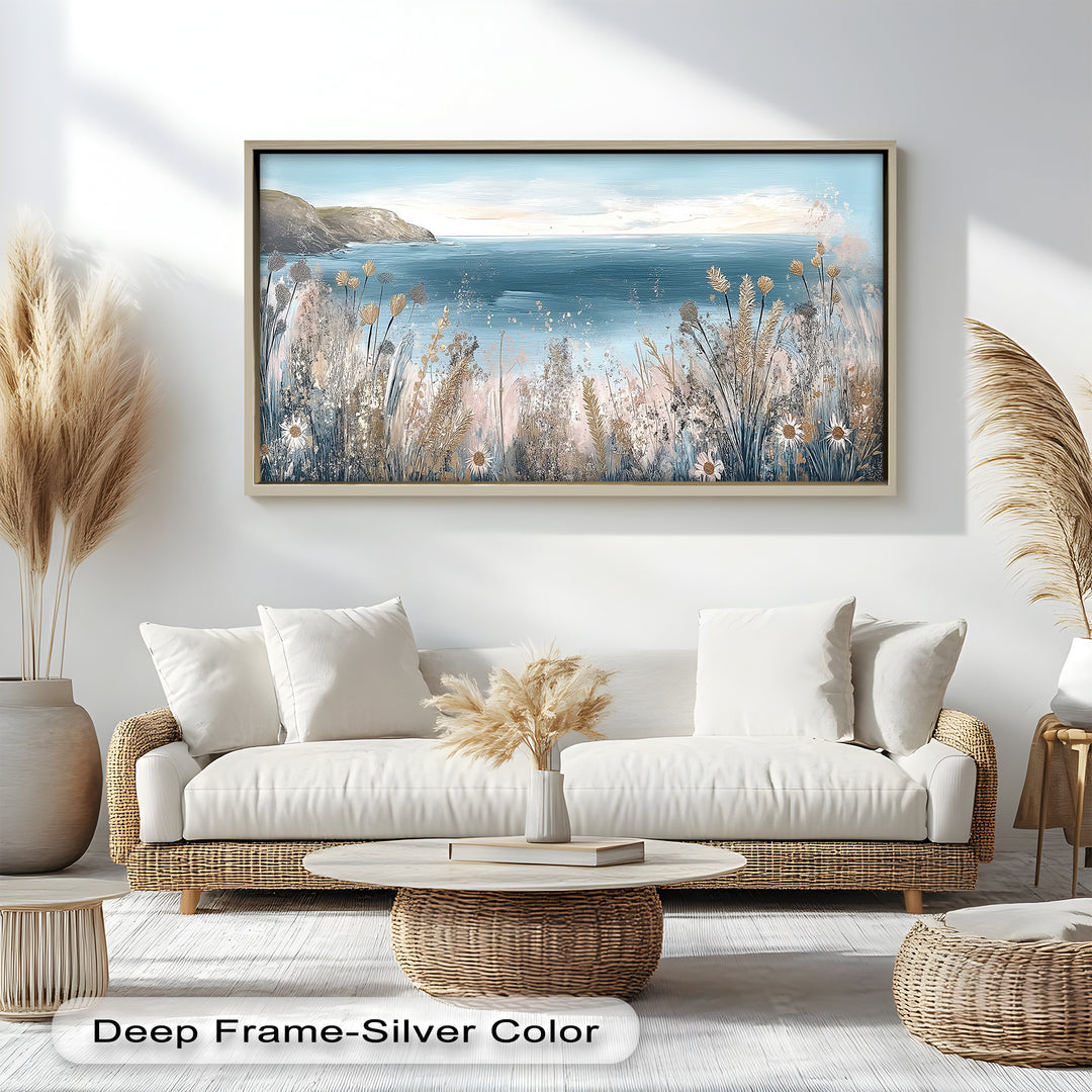 The gentle florals in the foreground frame a peaceful ocean view, blending land and sea in a harmonious, inviting scene.