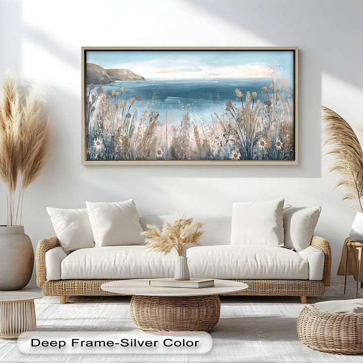 The gentle florals in the foreground frame a peaceful ocean view, blending land and sea in a harmonious, inviting scene.