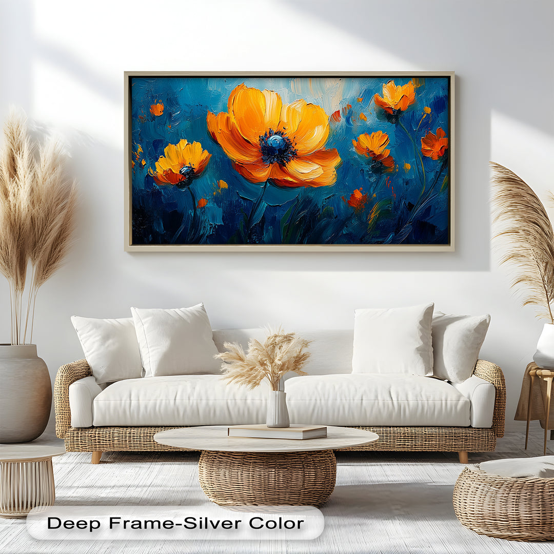 Orange Flowers on Deep Blue - Flower Oil Painting