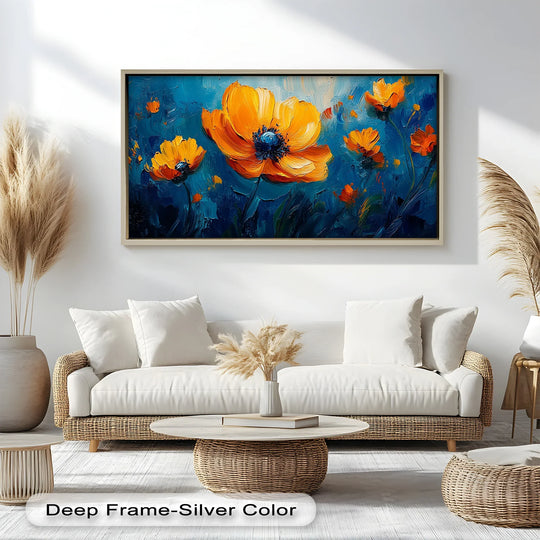 Sunlight accents the impasto texture and dramatic light and shadow in this floral oil painting artwork featuring vibrant orange flowers against a deep blue background.
