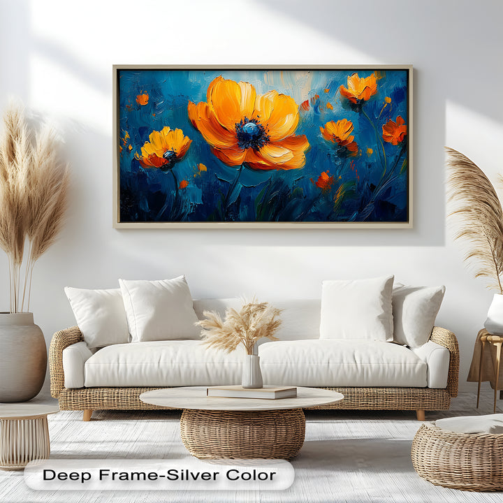 Orange Flowers on Deep Blue - Flower Oil Painting