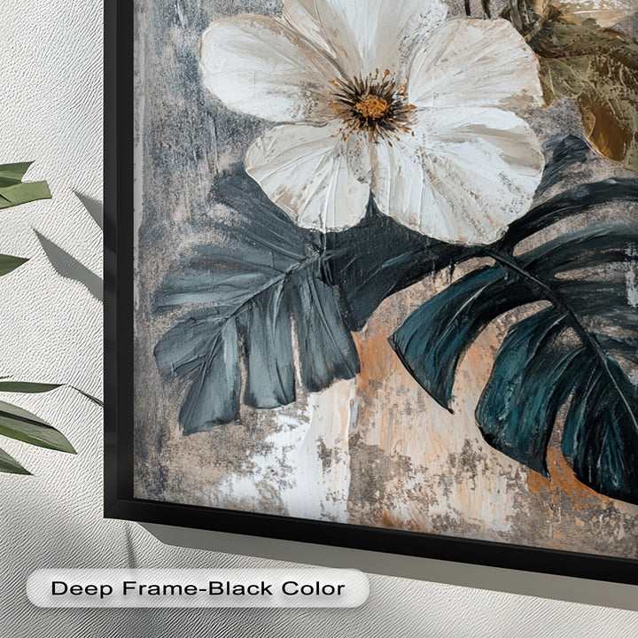 White Bloom and Tropical Leaves - Flower Oil Painting