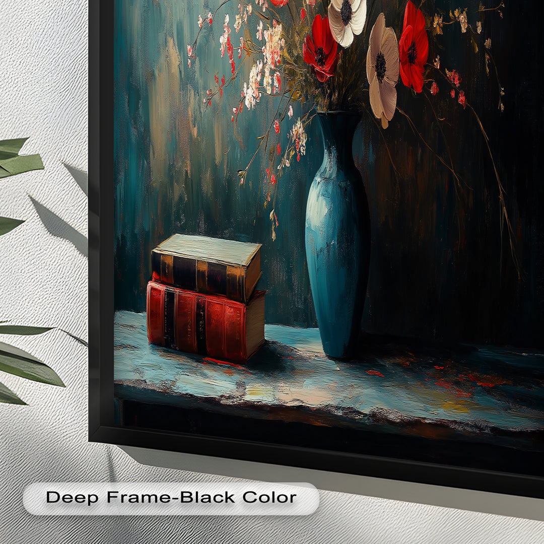 Vibrant Floral Vase with Books – Botanical Oil Paintings