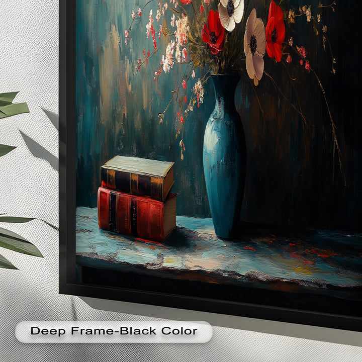 Vibrant Floral Vase with Books – Botanical Oil Paintings