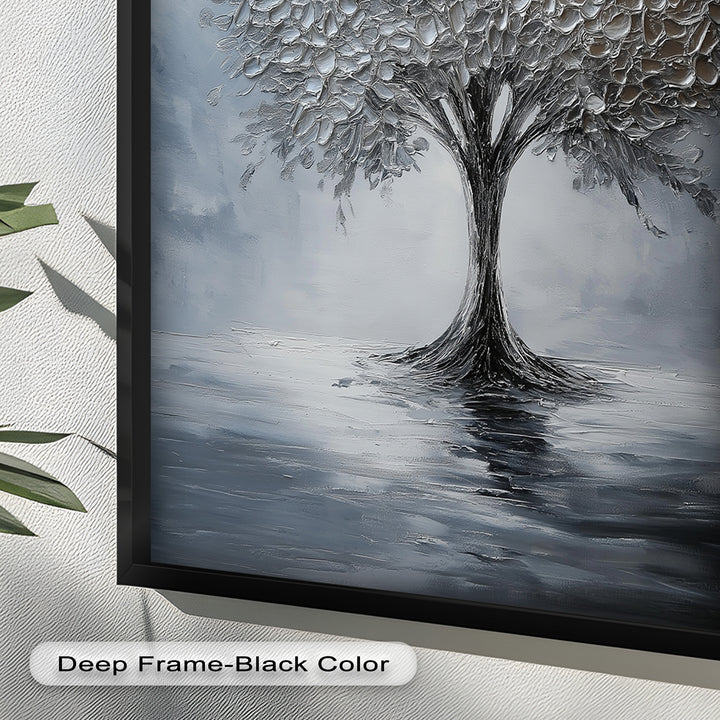 Silver Stillness – Tree in Monochrome Abstract Oil Painting