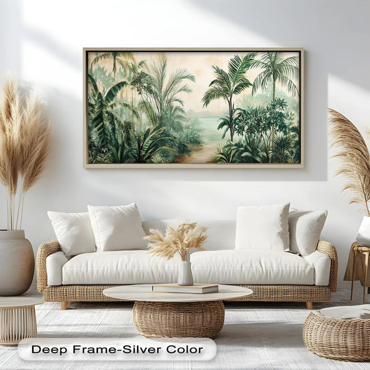 Rectangular framing of the tropical garden escape oil painting highlights the geometric patterns within the lush jungle, contributing to the serene oil painting home decor.