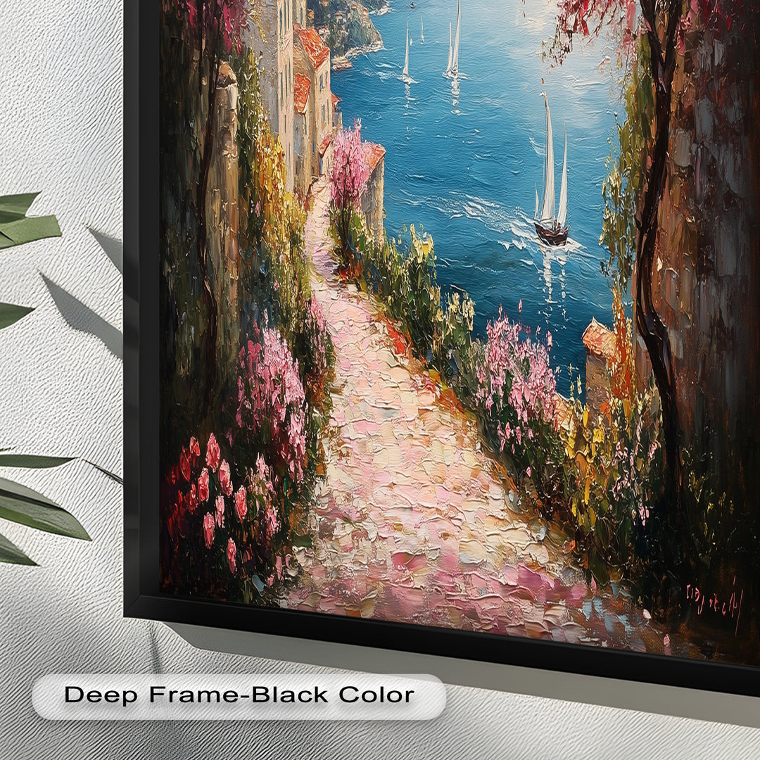 Incredible Sea Street & Spring Blossoms – Coastal Charm Oil Painting