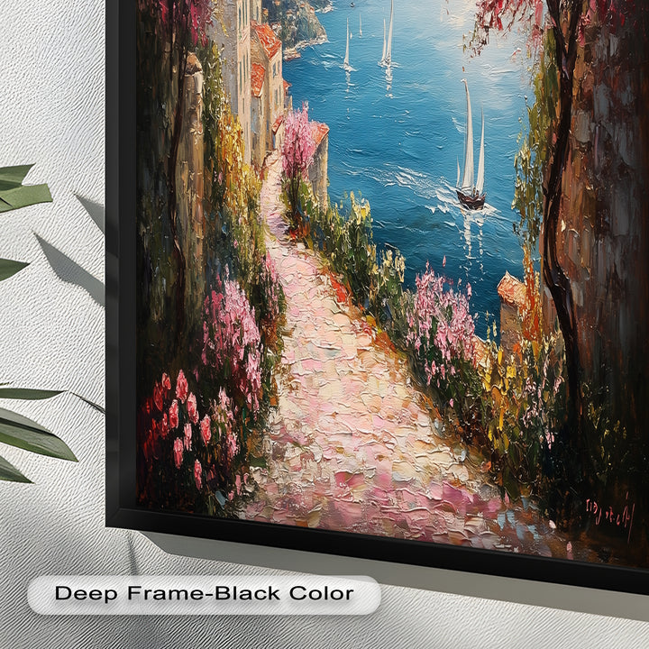 Incredible Sea Street & Spring Blossoms – Coastal Charm Oil Painting