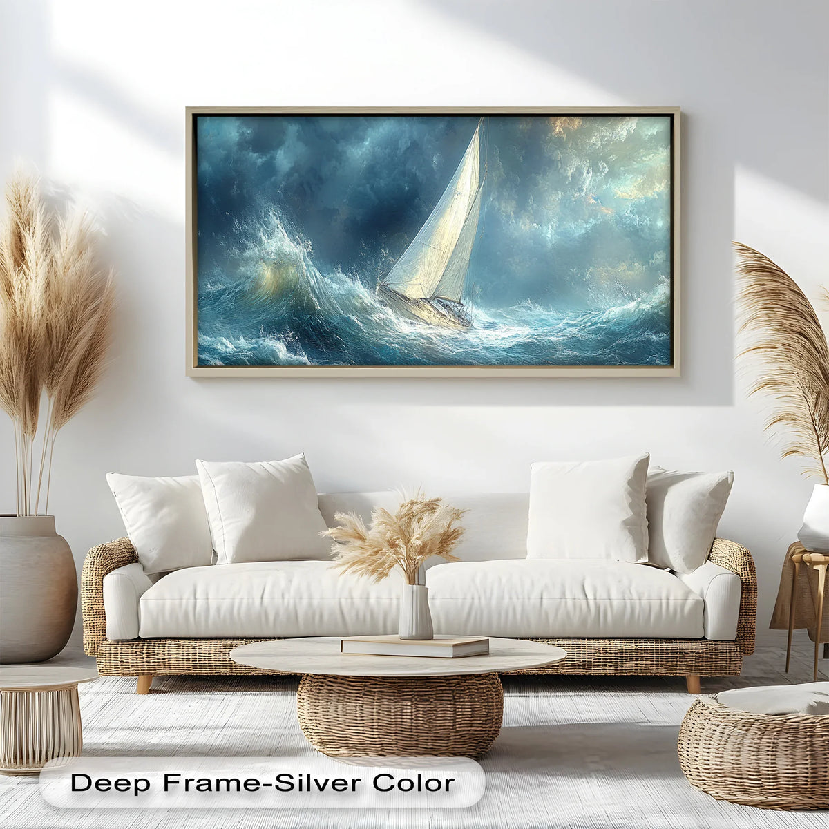 Negative space surrounds a sailboat oil painting, drawing focus to the drama of the ocean waves in this compelling example of oil painting home decor.