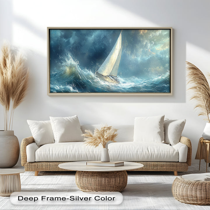 Into the Surge – Sailboat Battling Ocean Waves Oil Painting