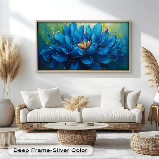 Capturing the transition between vibrant blue and radiant gold in this stunning golden-centered lotus bloom, this oil painting artwork offers a rich color palette.