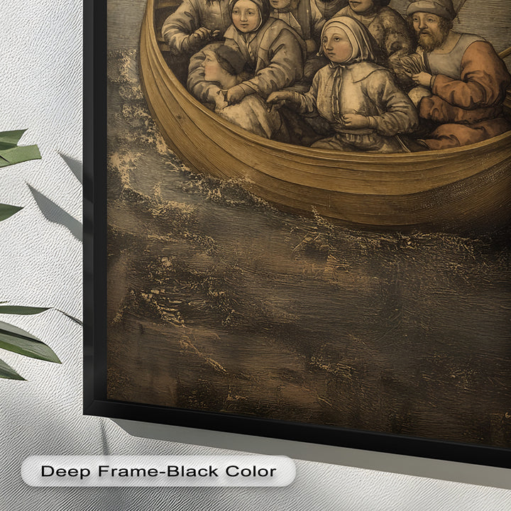 Medieval Sailors in Wooden Vessel - Historic Oil Painting