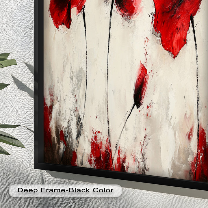 Crimson Elegance – Bold Red Poppies on Cream Flower Oil Painting