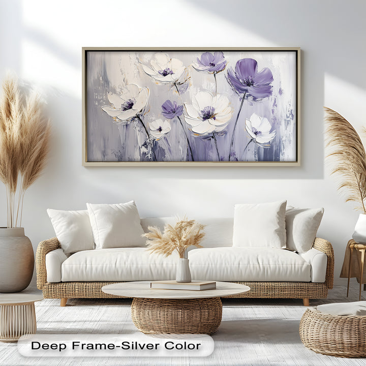 White and Purple Florals on Misty Background - Flower Oil Painting
