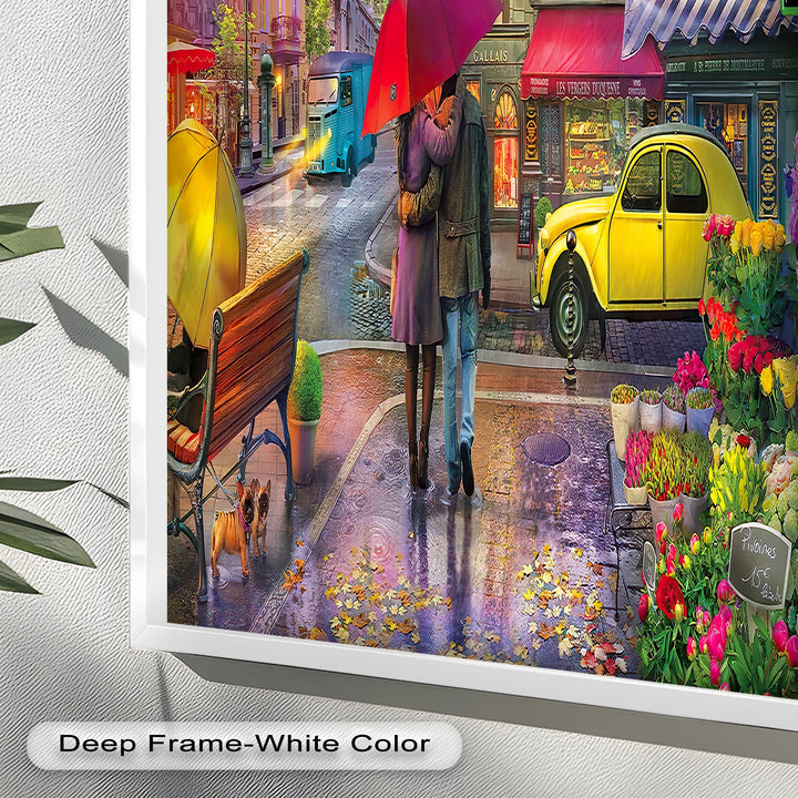 A picturesque framed painting capturing a rainy day in Paris, where a couple walks hand in hand past cafés, vintage cars, and a flower shop with the Eiffel Tower in view
