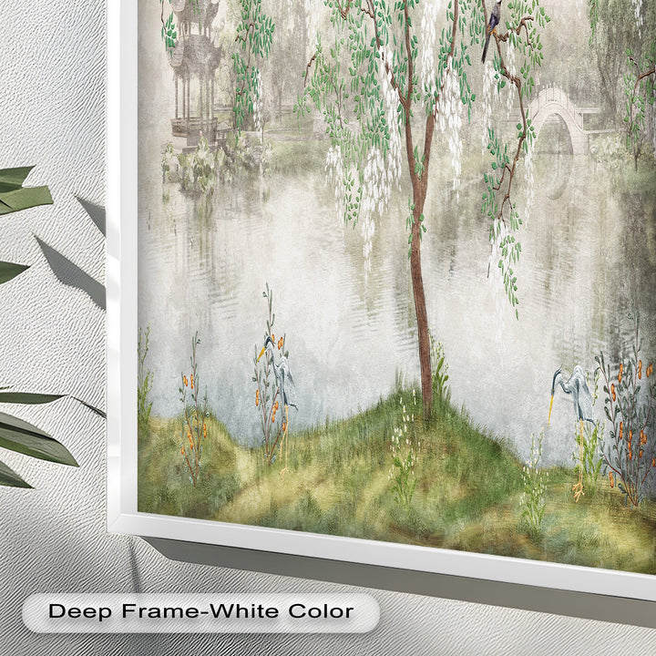 A calming wall art piece featuring a soft watercolor-style depiction of a lakeside view, complete with elegant wisteria trees, exotic birds, and a timeless bridge