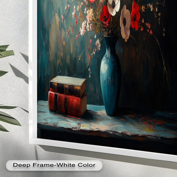 Vibrant Floral Vase with Books – Botanical Oil Paintings