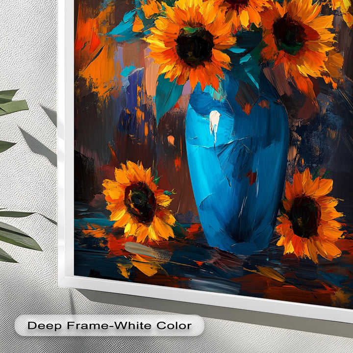 Sunlit Joy – Bold Sunflowers in Blue Vase Oil Painting