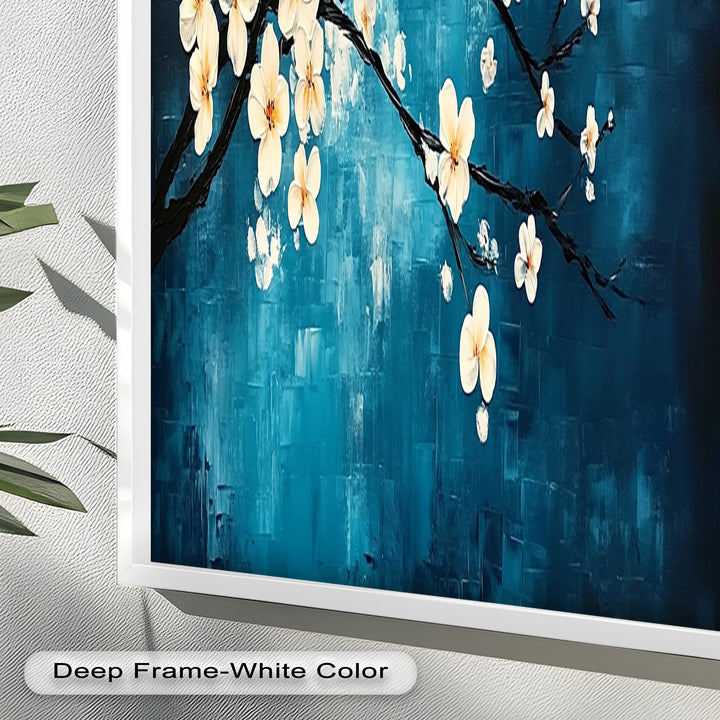 White Blossoms on Blue Wall Art – Floral Oil Painting