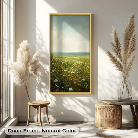 Warm, natural color temperatures highlight the beautiful oil painting artwork depicting a wildflower meadow landscape, radiating a serene and inviting ambiance.