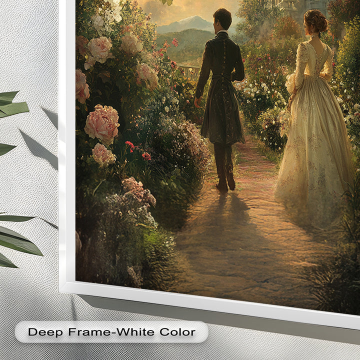 Victorian Lovers at Twilight – Romantic Garden Walk Oil Painting