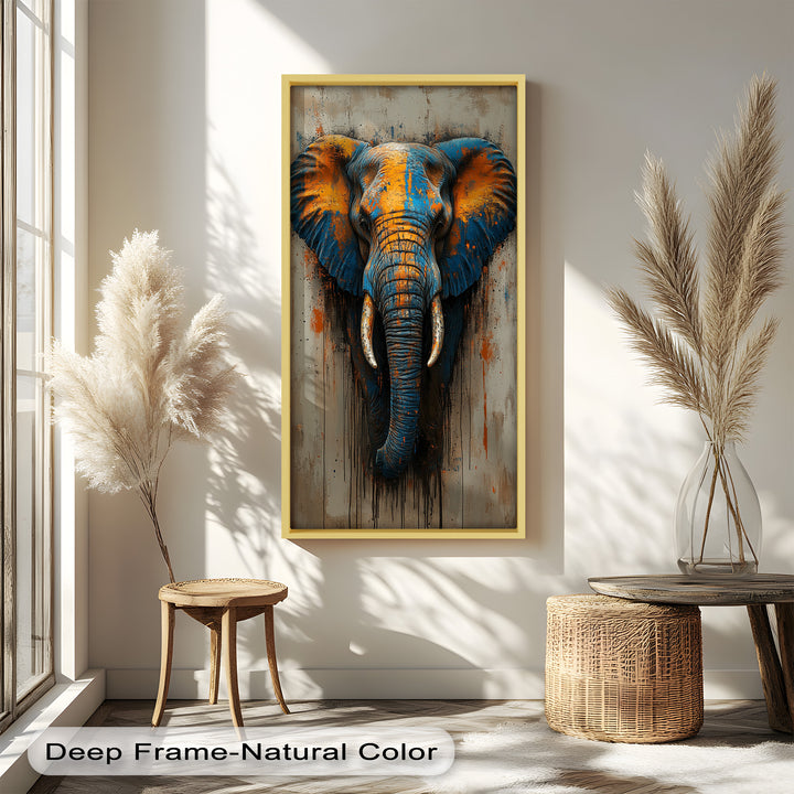 Blue and Orange Elephant Portrait - Animal Oil Painting