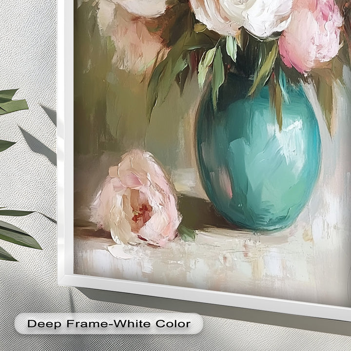 Blushing Peonies in Jade Vase – Romantic Flower Oil Painting