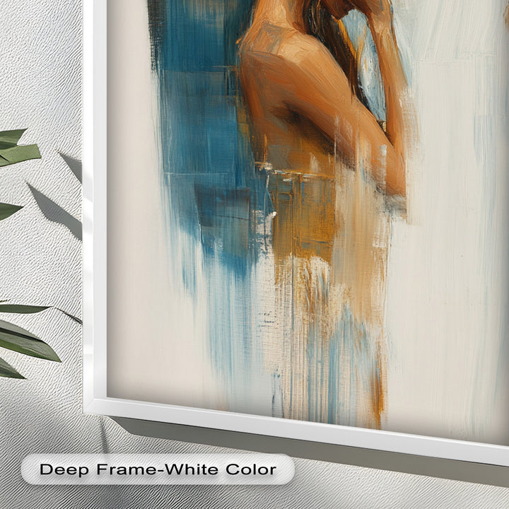 Veil of Thought – Introspective Woman in Blue and Gold Abstract Oil Painting