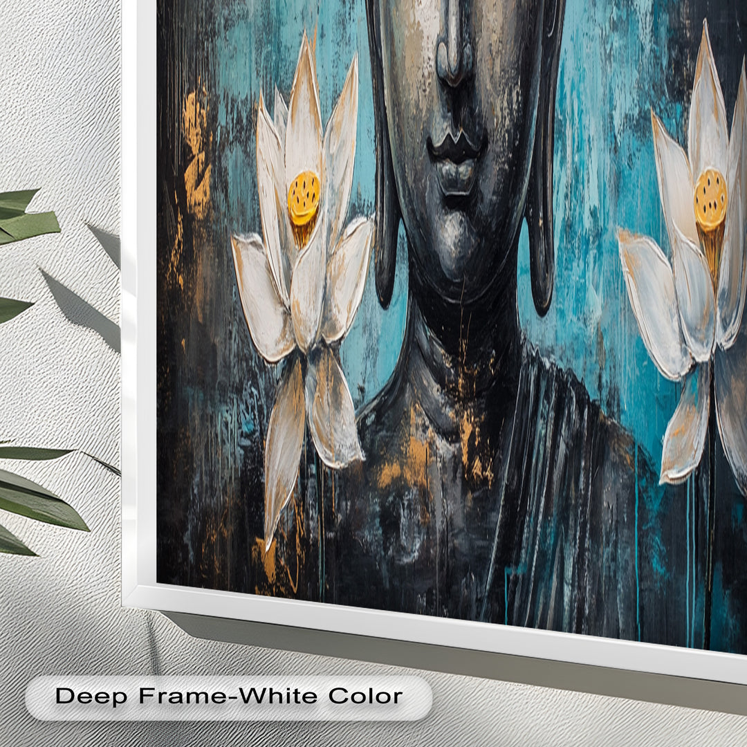Teal Buddha with Lotus Flowers – Religious Oil Painting