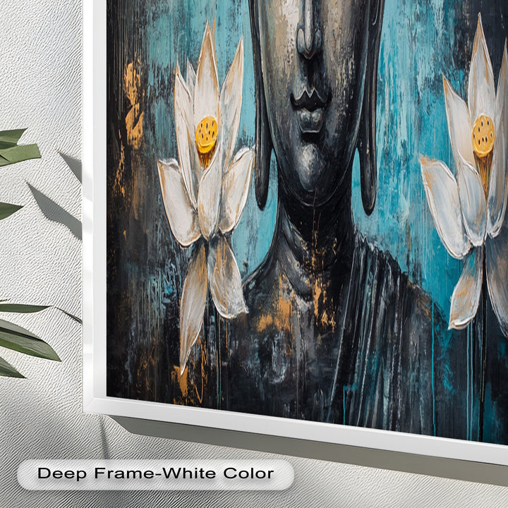 Teal Buddha with Lotus Flowers – Religious Oil Painting