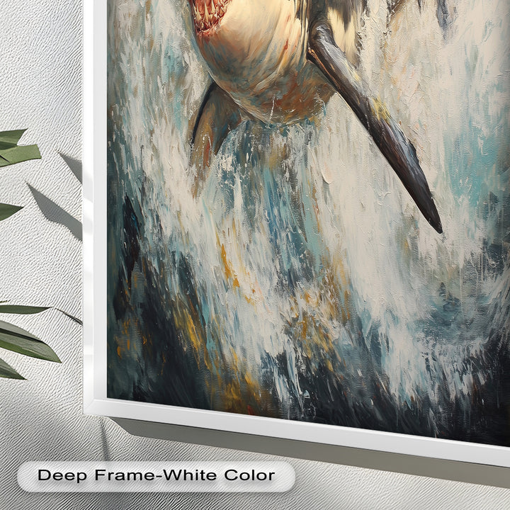 Ferocious Great White Shark Leaping Through Waves - Animal Oil Painting