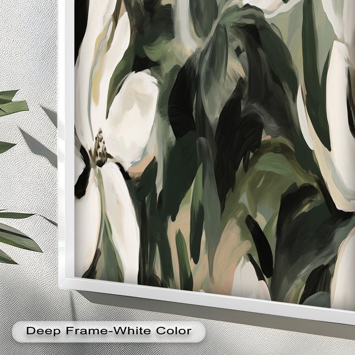 Cream Blooms in Forest Green - Flower Oil Painting