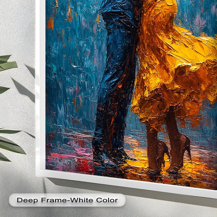 Midnight Embrace – Vibrant Couple in Yellow Dress Oil Painting