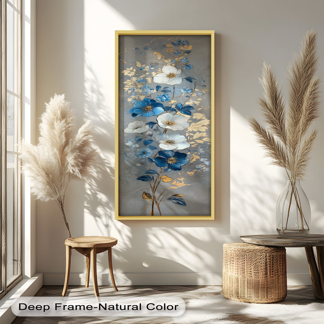 Blau-weiße Blüten Wandkunst – Blumenölgemälde