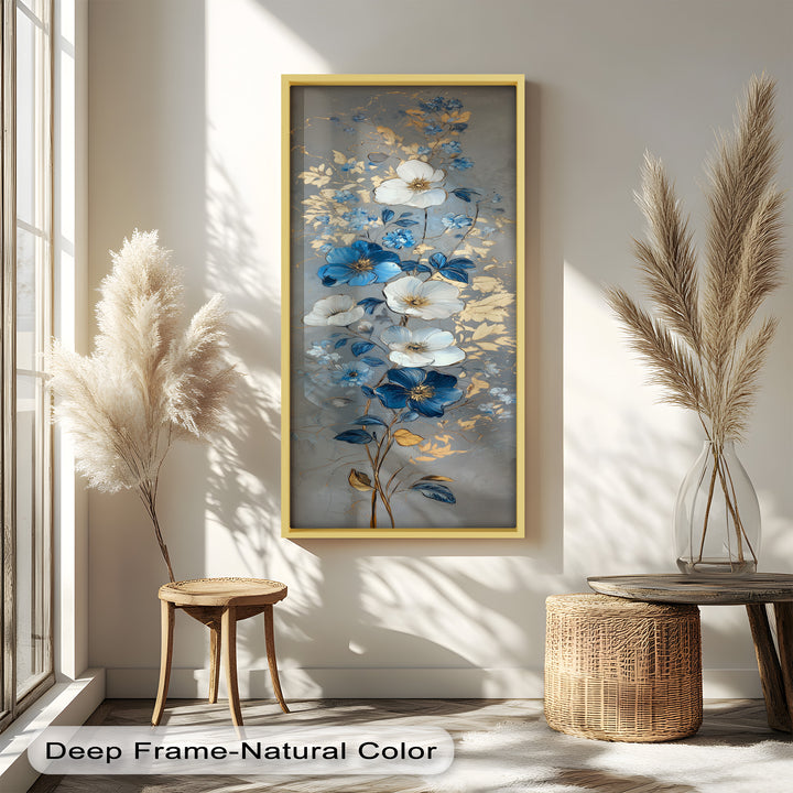 Blau-weiße Blüten Wandkunst – Blumenölgemälde