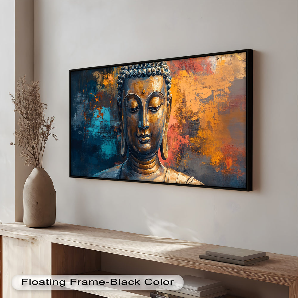 A peaceful Buddha figure in meditation, illuminated by warm and cool tones in a textured modern art backdrop.