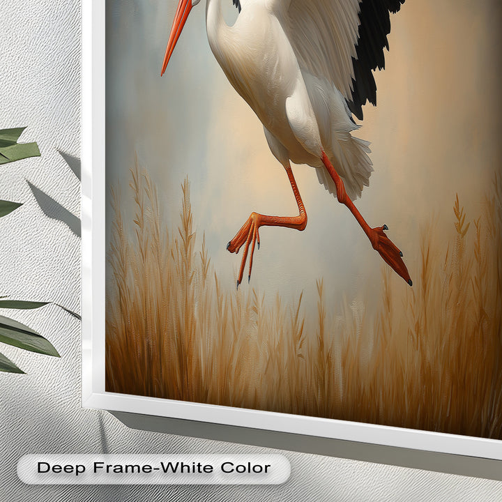 Stork in Flight over Golden Grasses – Animal Oil Painting