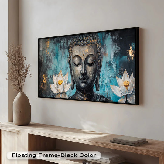 A calming depiction of Buddha’s face in meditation, accompanied by symbolic white lotuses on a vibrant blue and gold abstract backdrop.