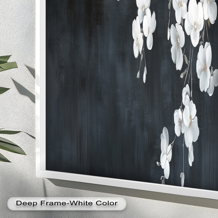 White Cherry Flowers on Midnight Blue - Flower Oil Painting