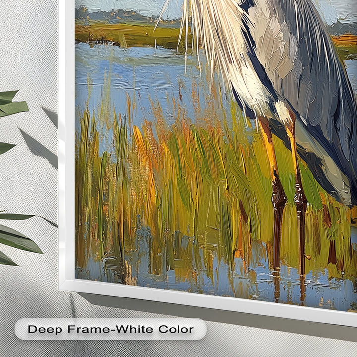 Heron in Sunlit Wetlands – Modern Oil Painting