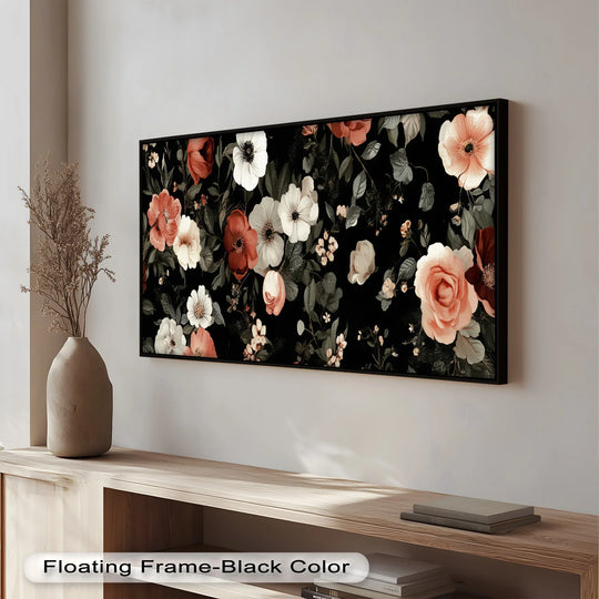 An elegant botanical design with romantic roses and wildflowers in delicate tones, arranged over a dramatic dark