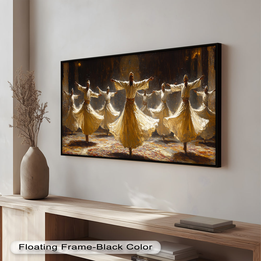 An expressive painting of Sufi dervishes spinning in unison, symbolizing spiritual devotion and inner peace.