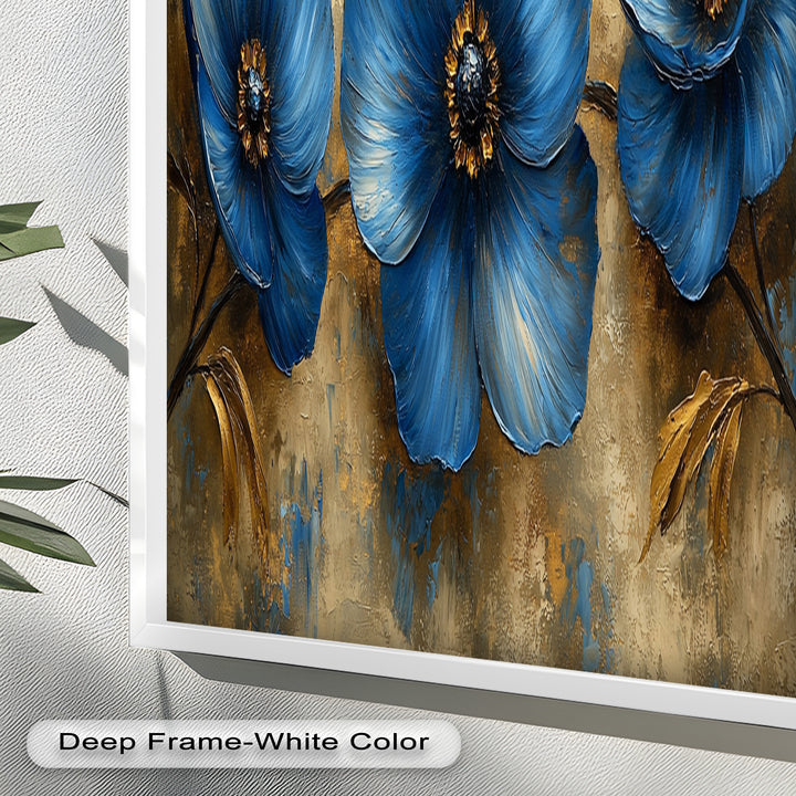 Golden Beige Elegance – Royal Blue Floral Trio Flower Oil Painting