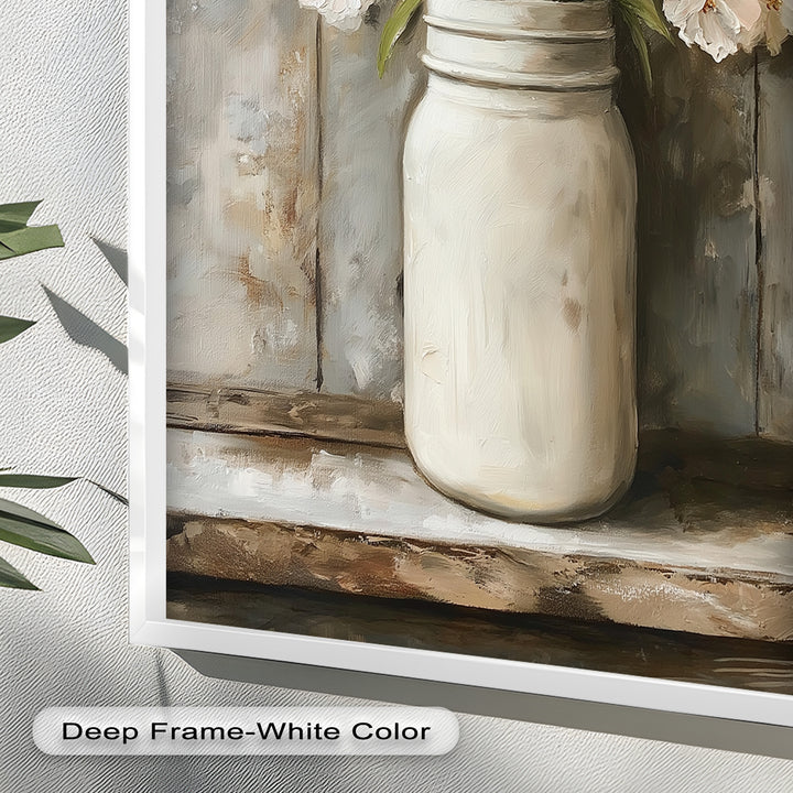 Blush & Cream Blooms – Rustic Mason Jar Flower Oil Painting