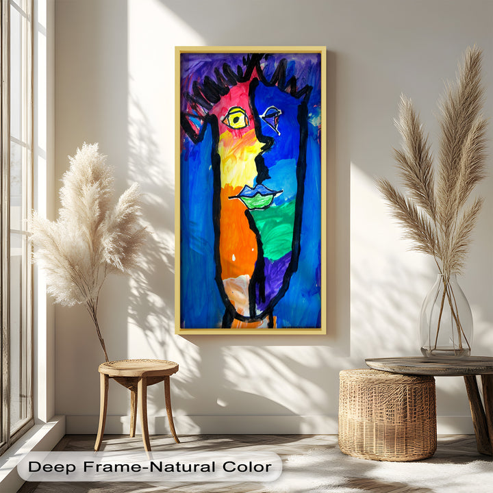 A dynamic abstract portrait with a spiked hairstyle, vivid color blocking, and asymmetrical facial features.
