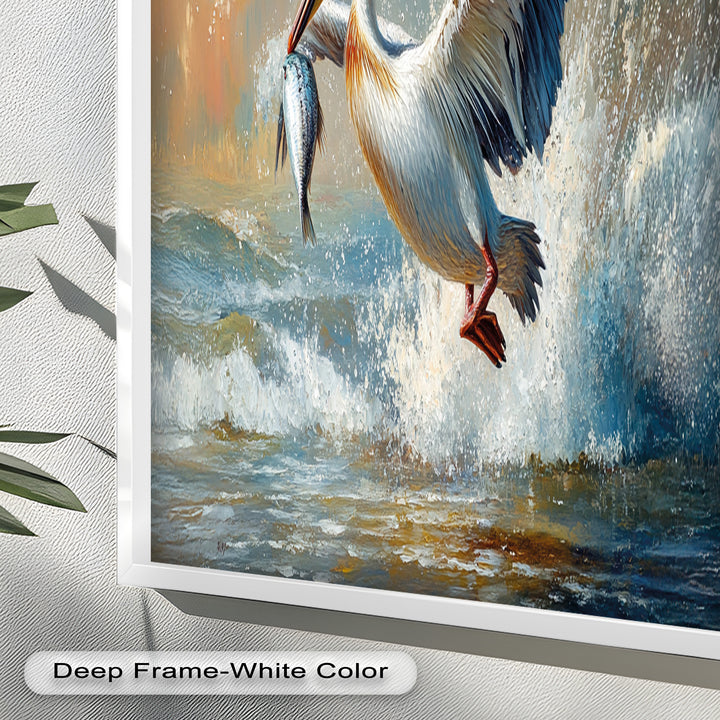 Pelican Catching Fish in Ocean Surf – Animal Oil Painting