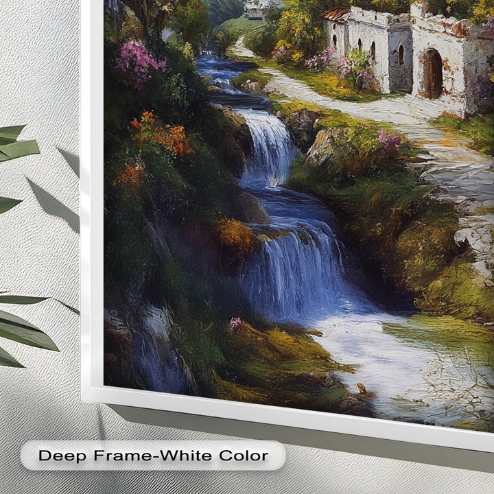 Mountain Abbey by the Falls – Serene Renaissance Oil Painting
