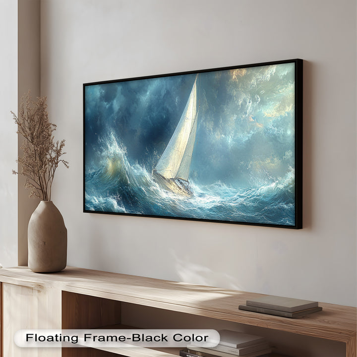 Into the Surge – Sailboat Battling Ocean Waves Oil Painting