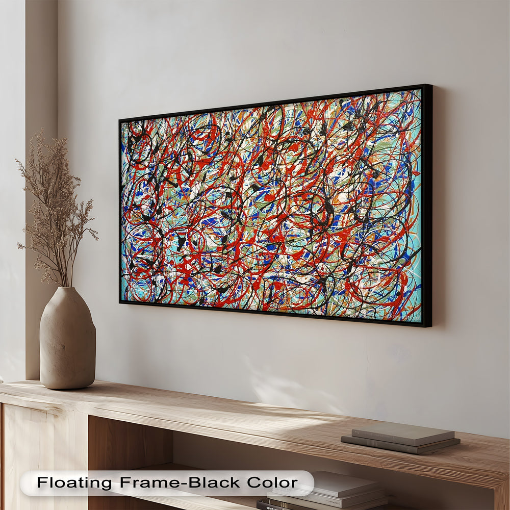 A bold and vibrant action painting featuring layered drips and loops, evoking intense movement and rhythm.
